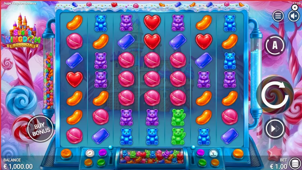 Sugar Kingdom Bonanza স্লট গেমের রঙিন ইন্টারফেস এবং ক্যান্ডি থিমযুক্ত গ্রাফিক্স